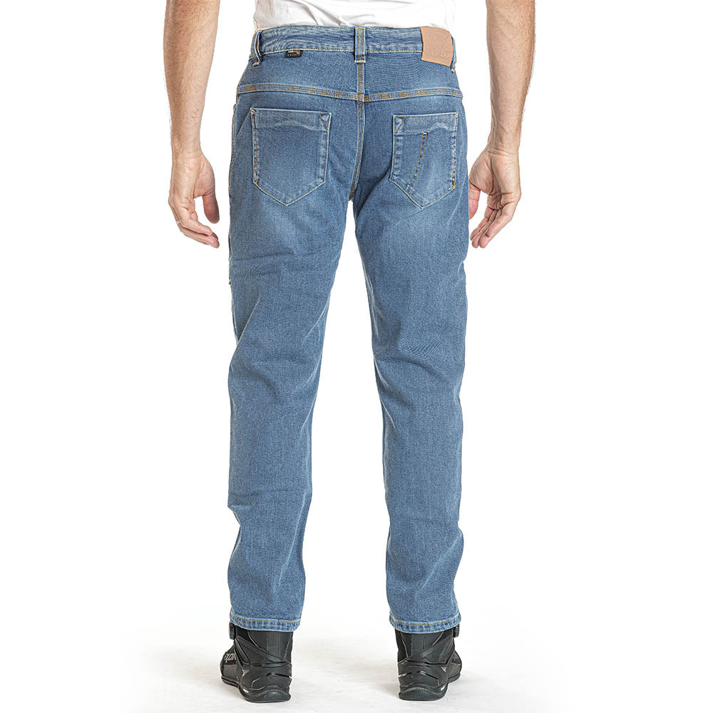 Alex stonewash denim pants, blue back view with patch pockets and belt loops