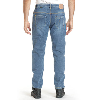 Alex stonewash denim pants, blue back view with patch pockets and belt loops