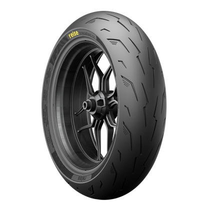 Tubeless rear motorcycle tire side profile with wheel rim and 'reise' branding