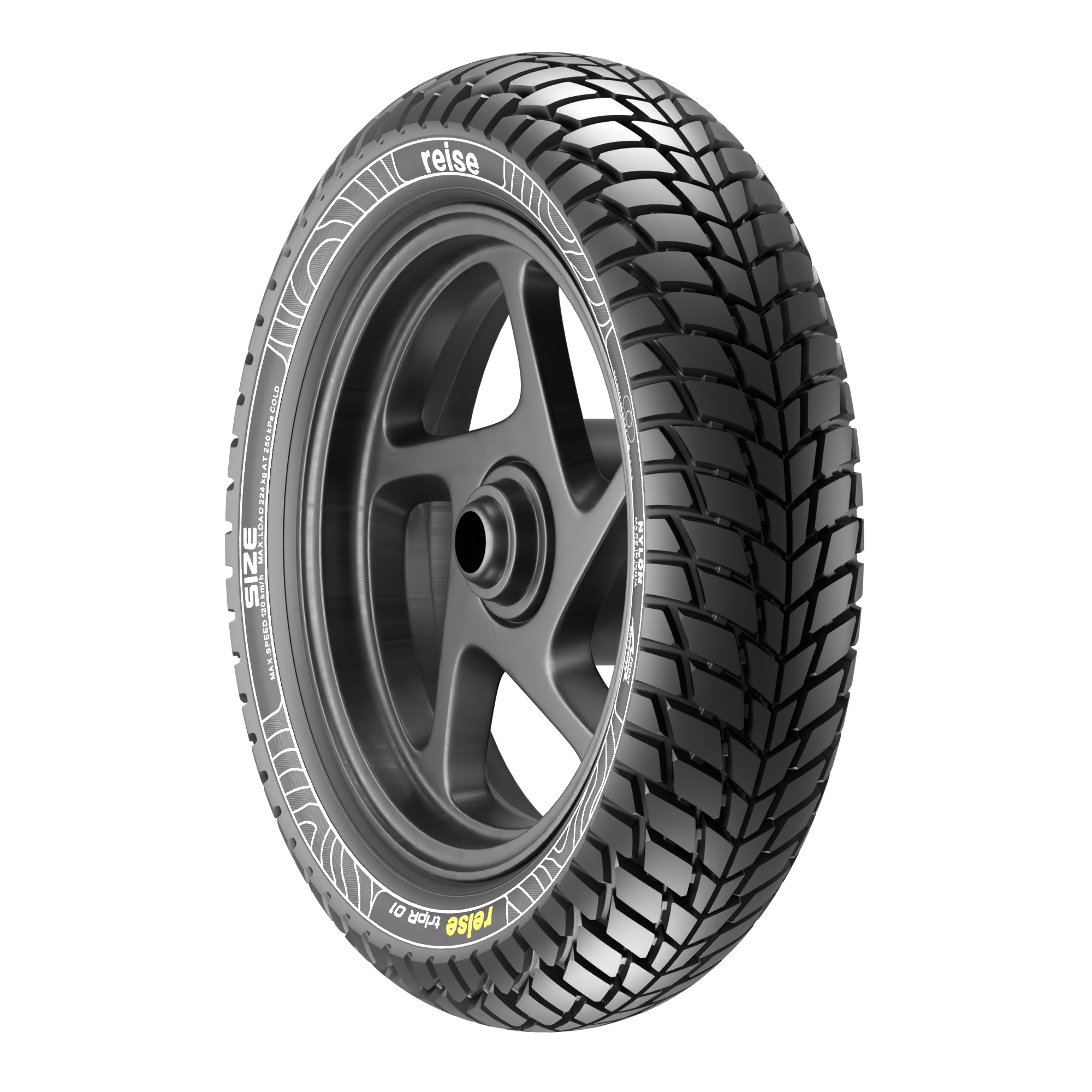 Tubeless tire with deep tread and silver wheel rim, sidewall lettering