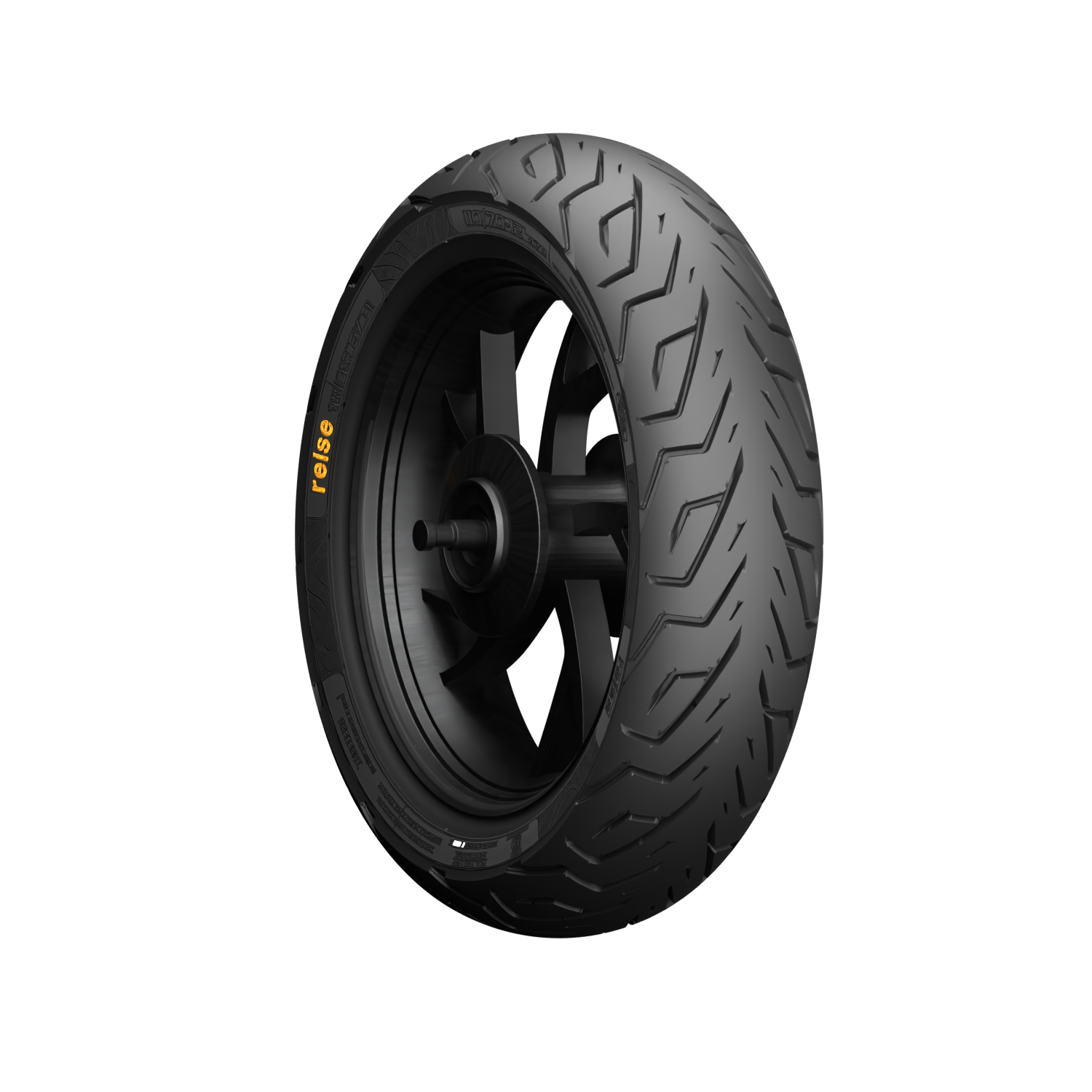 twistR EV black tubeless tyre side view on a wheel with gray spoke rim and valve