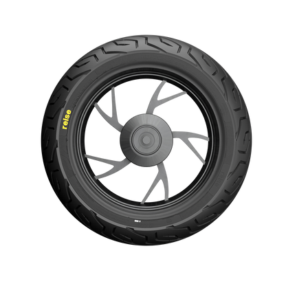 twistR EV black tubeless tyre mounted on a wheel with gray spoke rim, tread visible