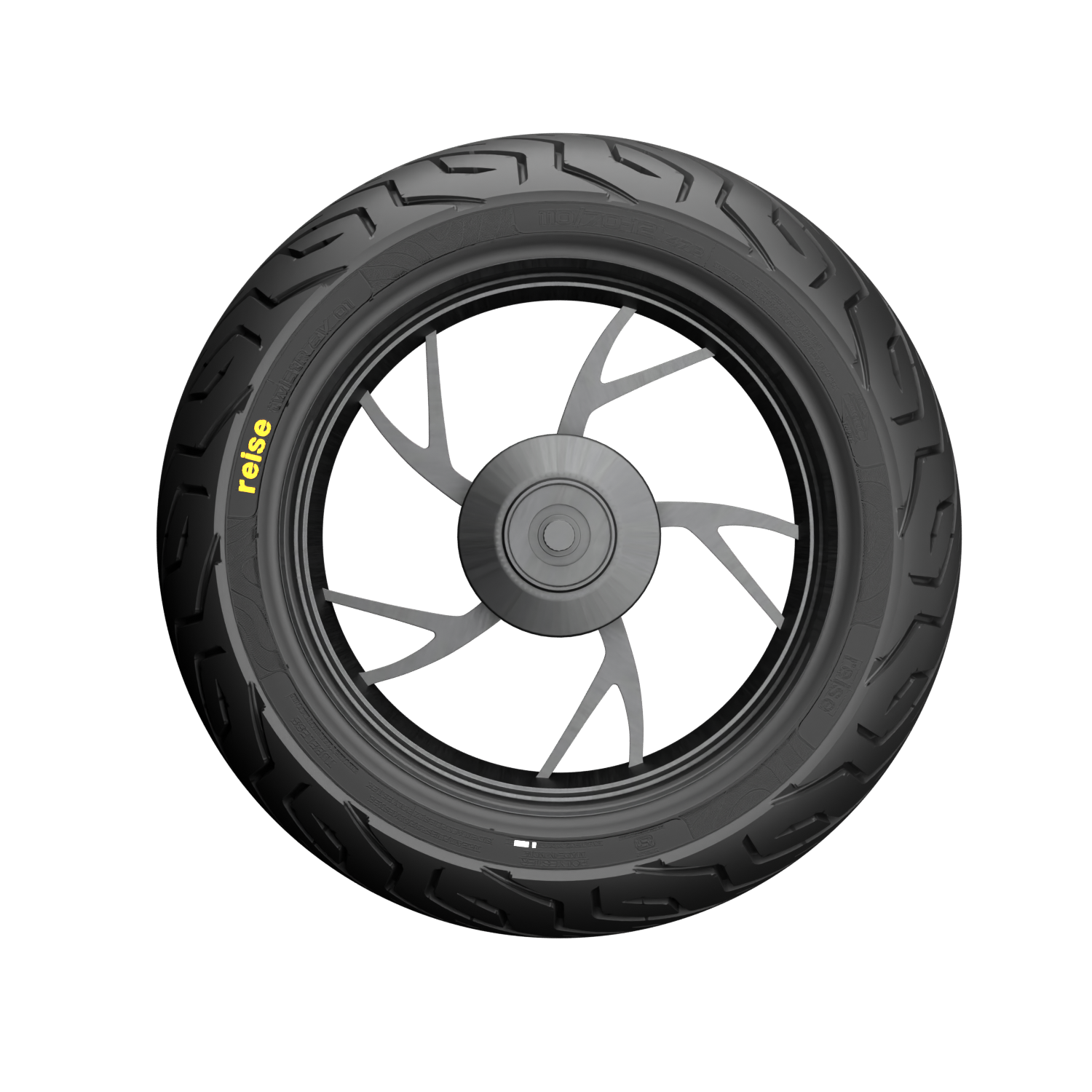 twistR EV tubeless tyre with black rim, tread pattern and wheel spokes