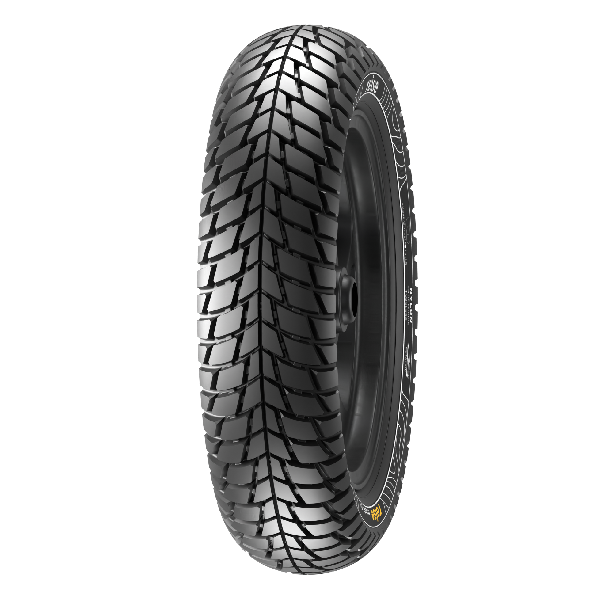 Black tubeless tire with aggressive block tread, sidewall text visible