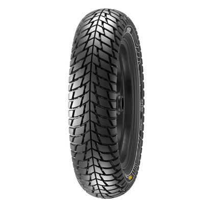 Black tubeless tire with aggressive block tread, sidewall text visible