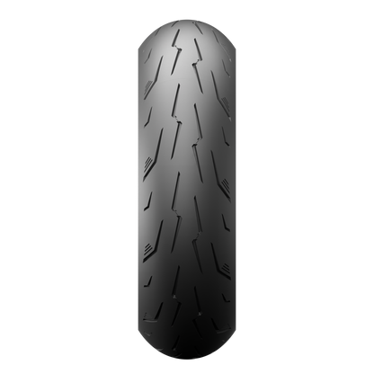 Tubeless rear motorcycle tire tread, black rubber with deep grooves