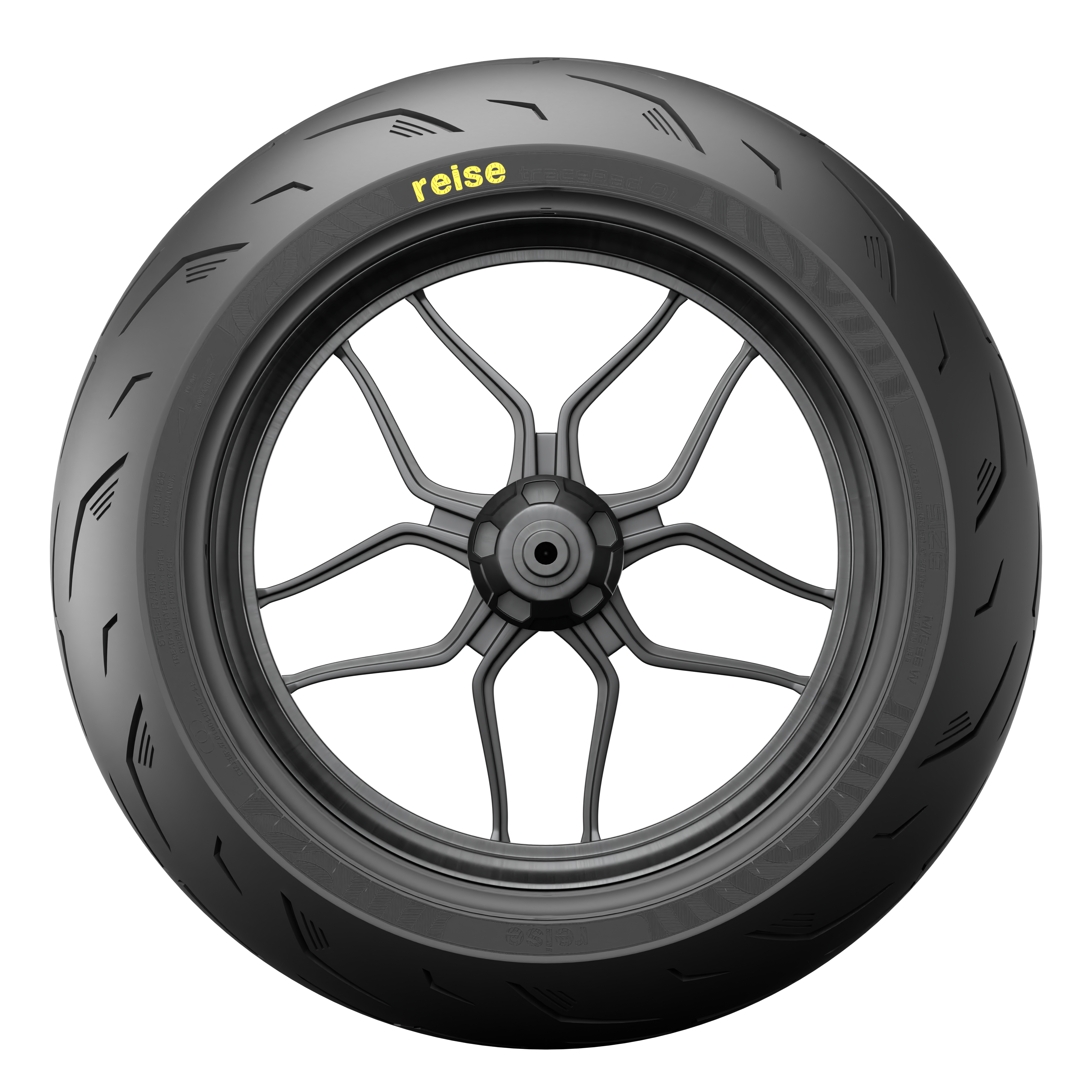 Tubeless rear motorcycle tire with 'reise' sidewall mark and V-shaped tread grooves