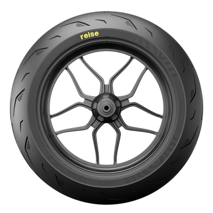 Tubeless rear motorcycle tire with 'reise' sidewall mark and V-shaped tread grooves