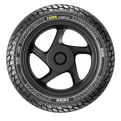 Tubeless tire and black wheel rim, arched siped tread with brand lettering