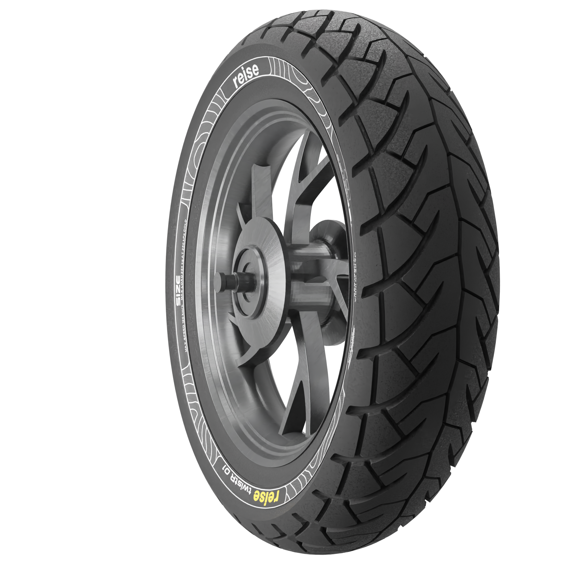 Front tubeless tyre 110/70-11 45L, black tread, silver rim, angled side view