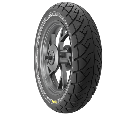 Front tubeless tyre 110/70-11 45L, black tread, silver rim, angled side view