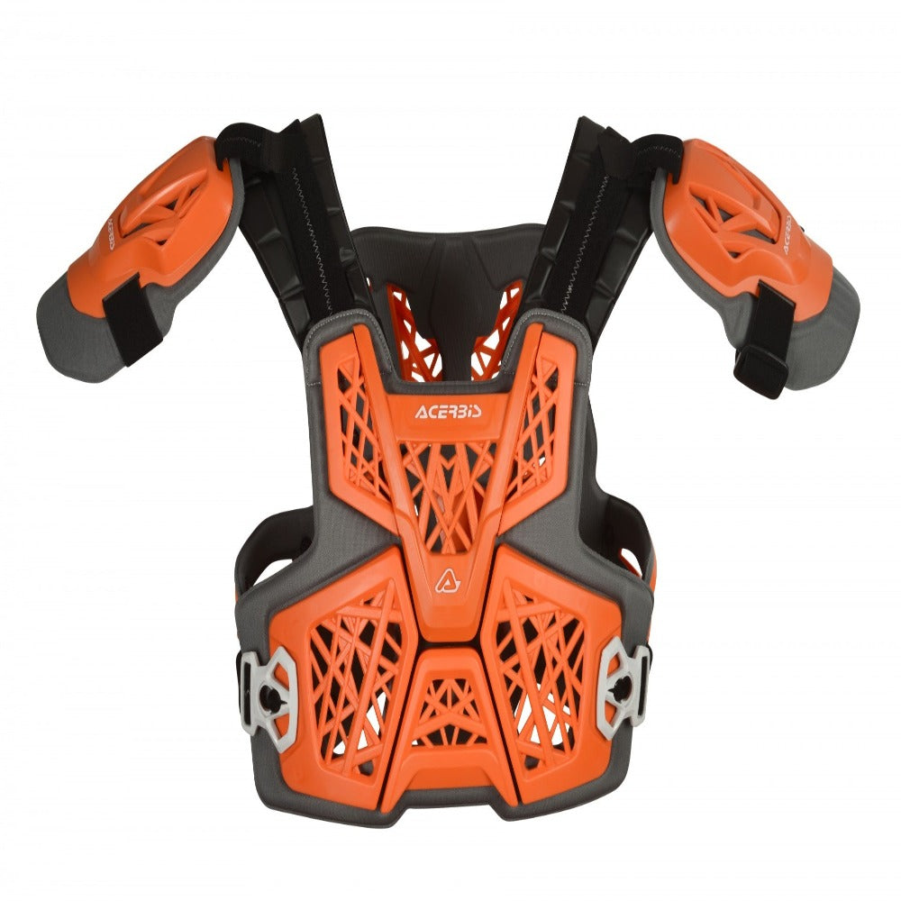 Orange and black protective body armor vest with shoulder and arm guards