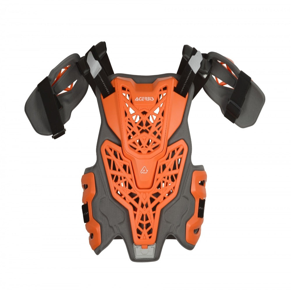 Orange and black body protector vest with perforated chest panel and arm sleeves