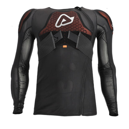 Black armored body shirt front view with orange-brown back pad and center zipper.