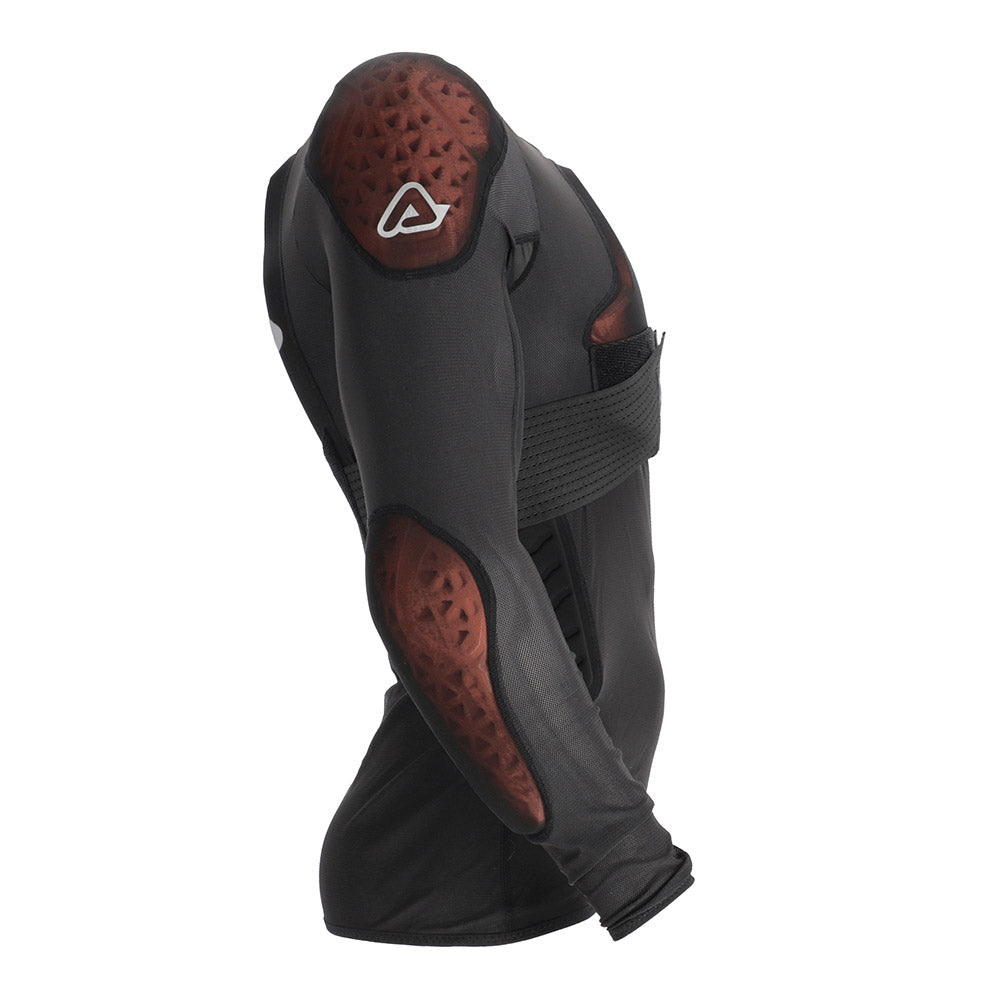 Black protective body armor vest with curved shoulder panels and side straps