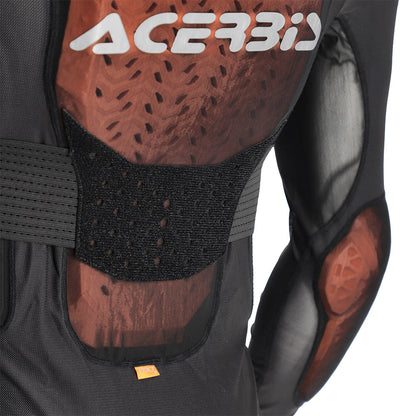 Black protective chest and shoulder armor with textured orange-brown inserts.