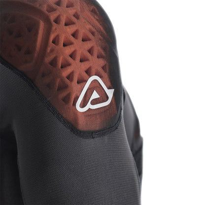 Black body armor vest with textured orange-brown impact pad and white logo
