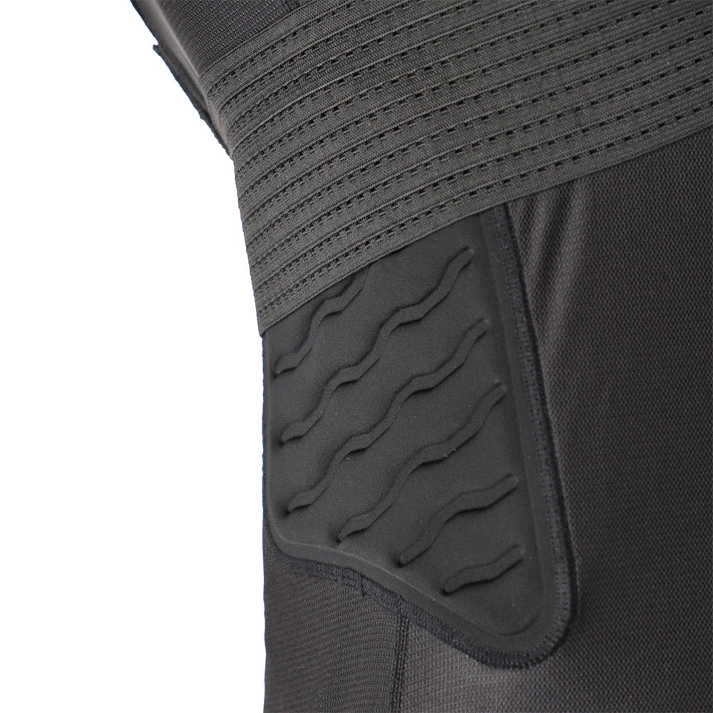 Black armored jacket forearm pad with molded knuckle protector design.