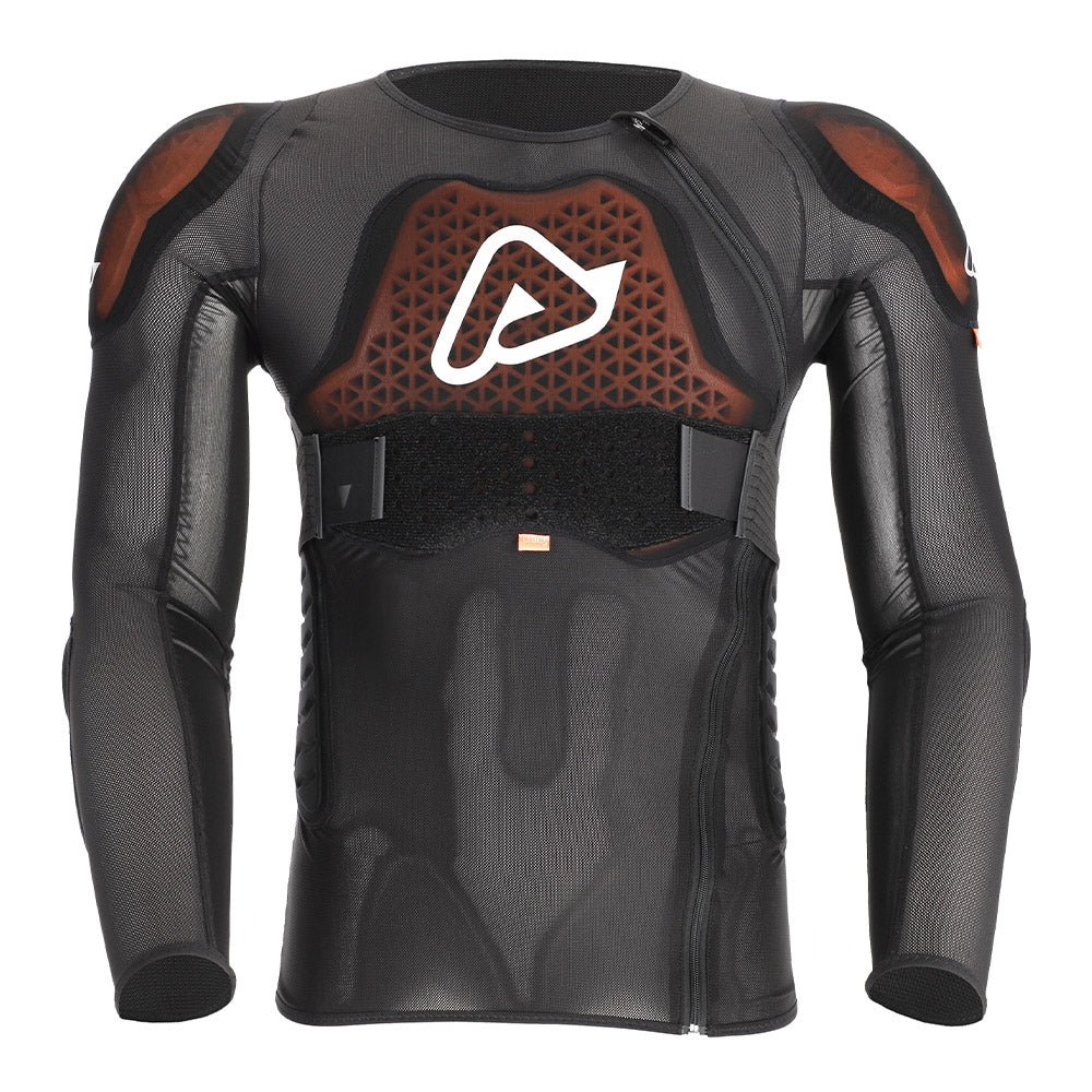 Black armored body shirt with front logo, orange-brown chest armor, and zipper.