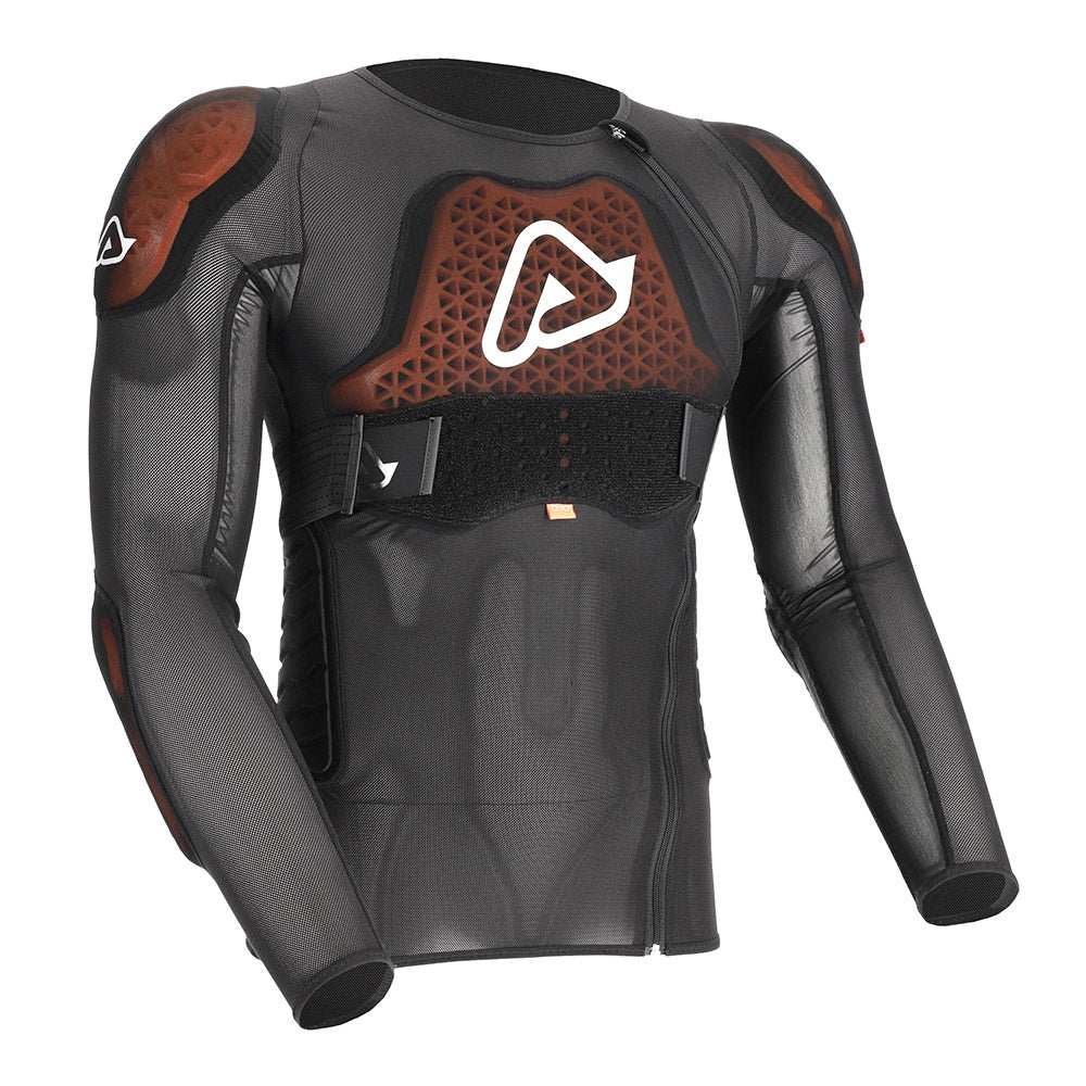 Black armored body shirt with front ACERBIS logo and orange-brown shoulder pads.