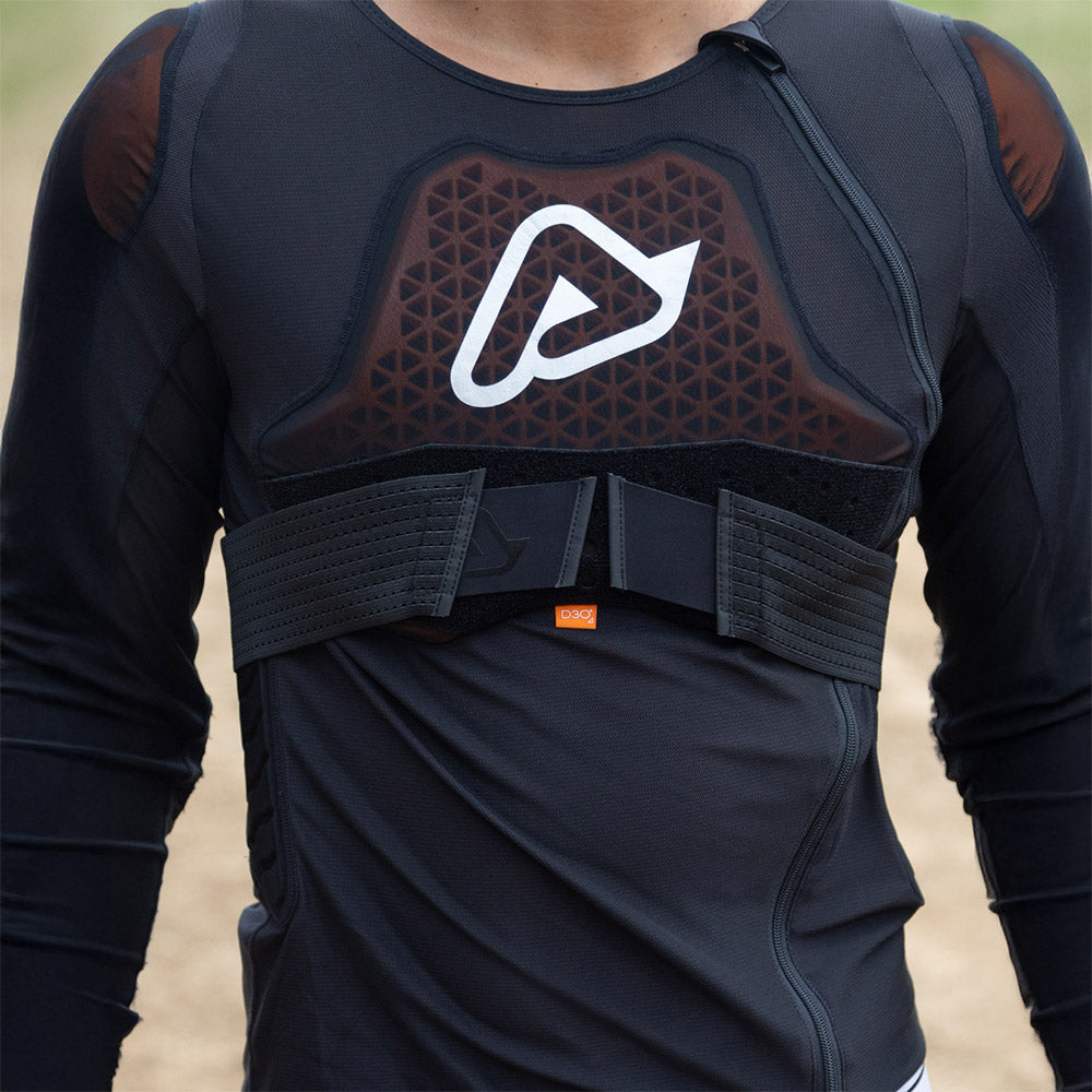 Black protective body armor vest with front straps and center logo panel