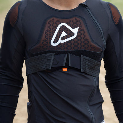 Black protective body armor vest with front straps and center logo panel