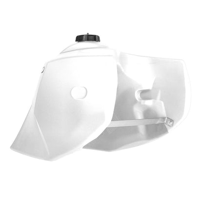 White 23L fuel tank showing side profile and Acerbis logo, with black filler cap