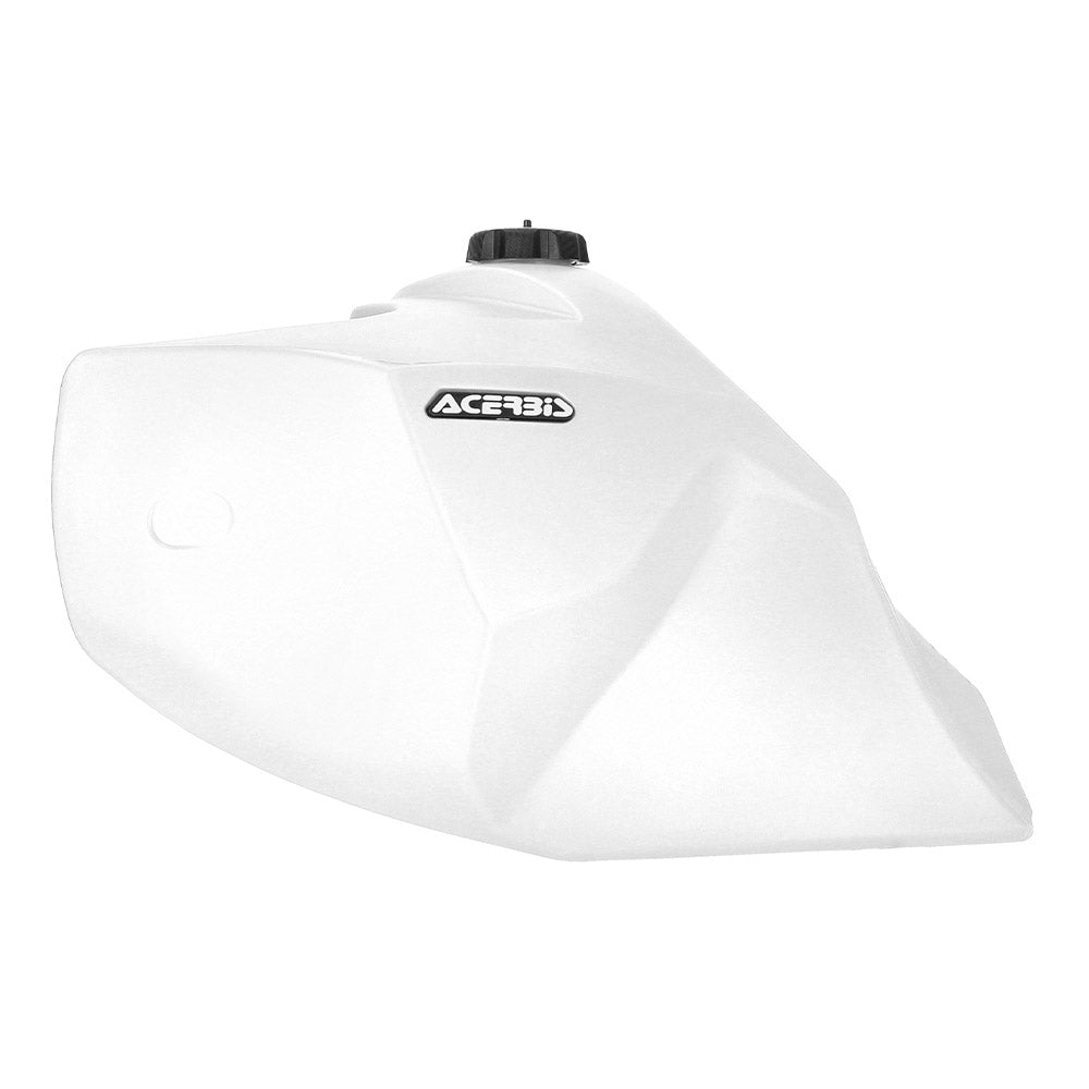 White 23L fuel tank with black cap and Acerbis logo, front-left view