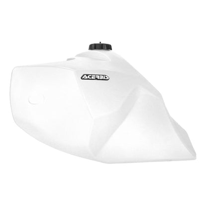 White 23L fuel tank with black cap and Acerbis logo, front-left view