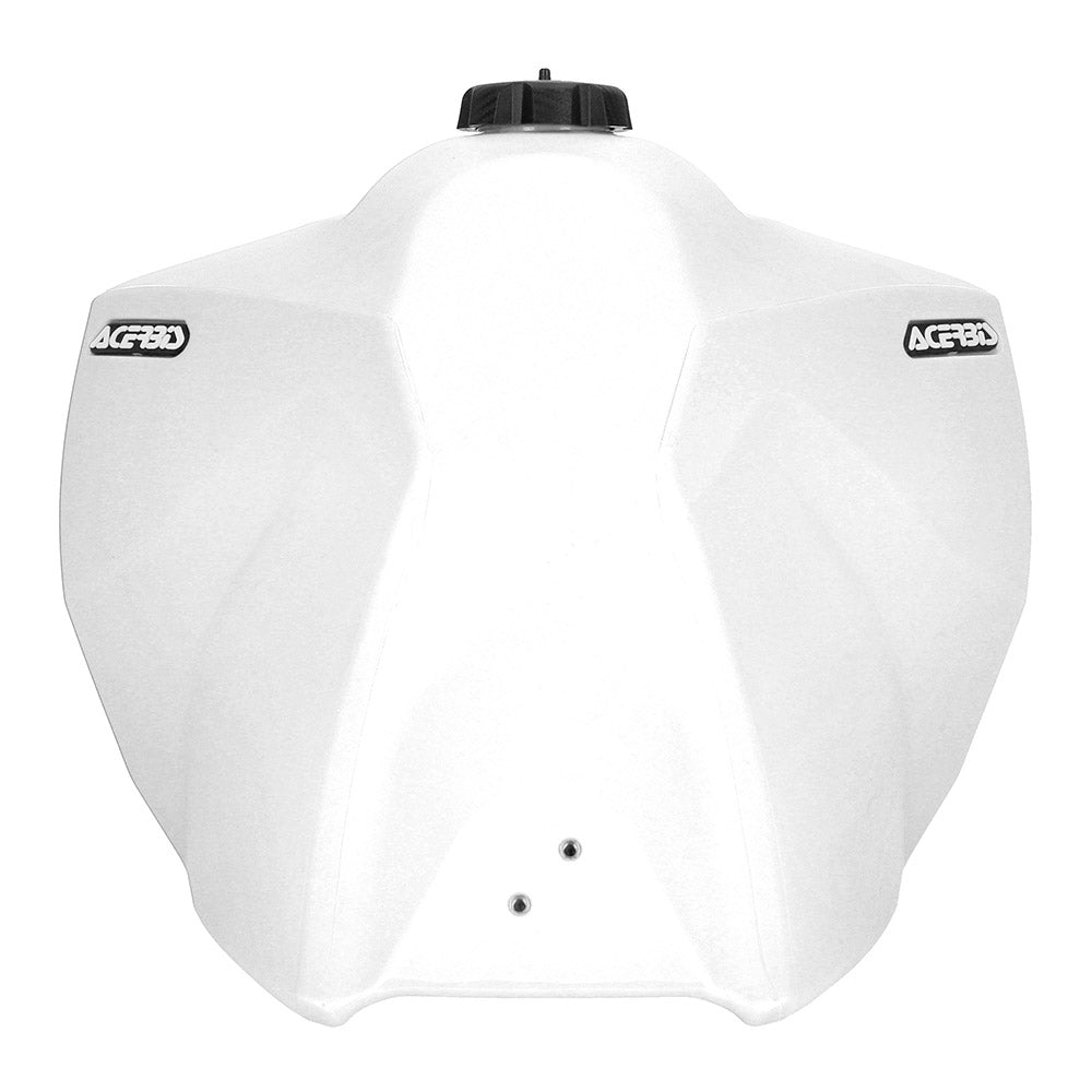White 23L fuel tank underside view with two mounting holes and Acerbis logos