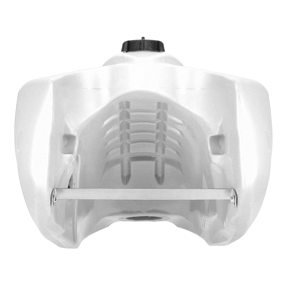 White 23L fuel tank underside with ribbed interior and metal mounting bar