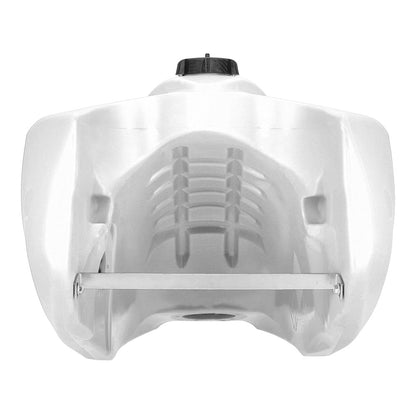 White 23L fuel tank underside with ribbed interior and metal mounting bar
