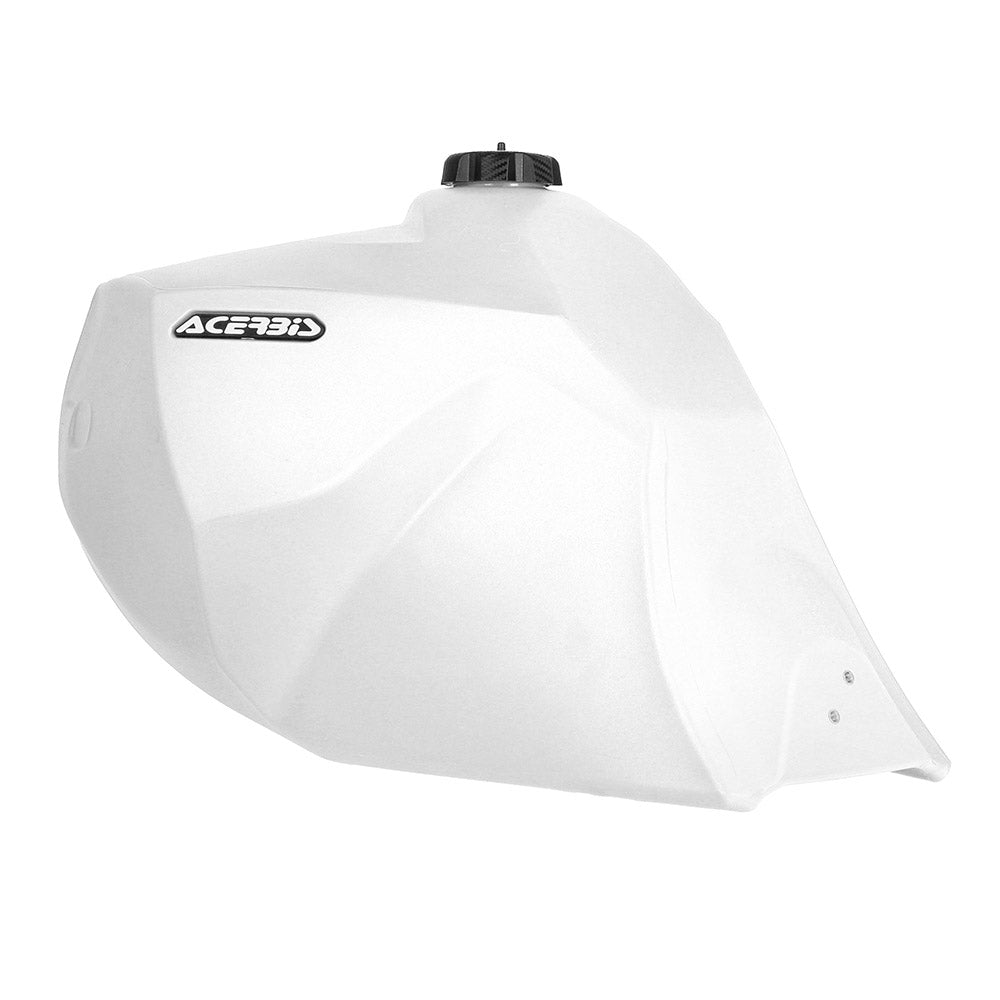 White 23L fuel tank left-side view with Acerbis logo and black cap