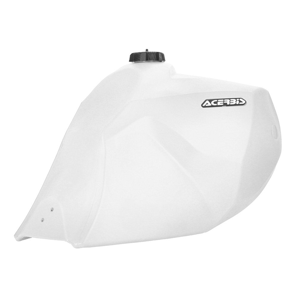 White 23L fuel tank right-side view with Acerbis logo and black cap