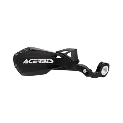Black motorcycle handguard pair with white ACERBIS logo and mounting clamps