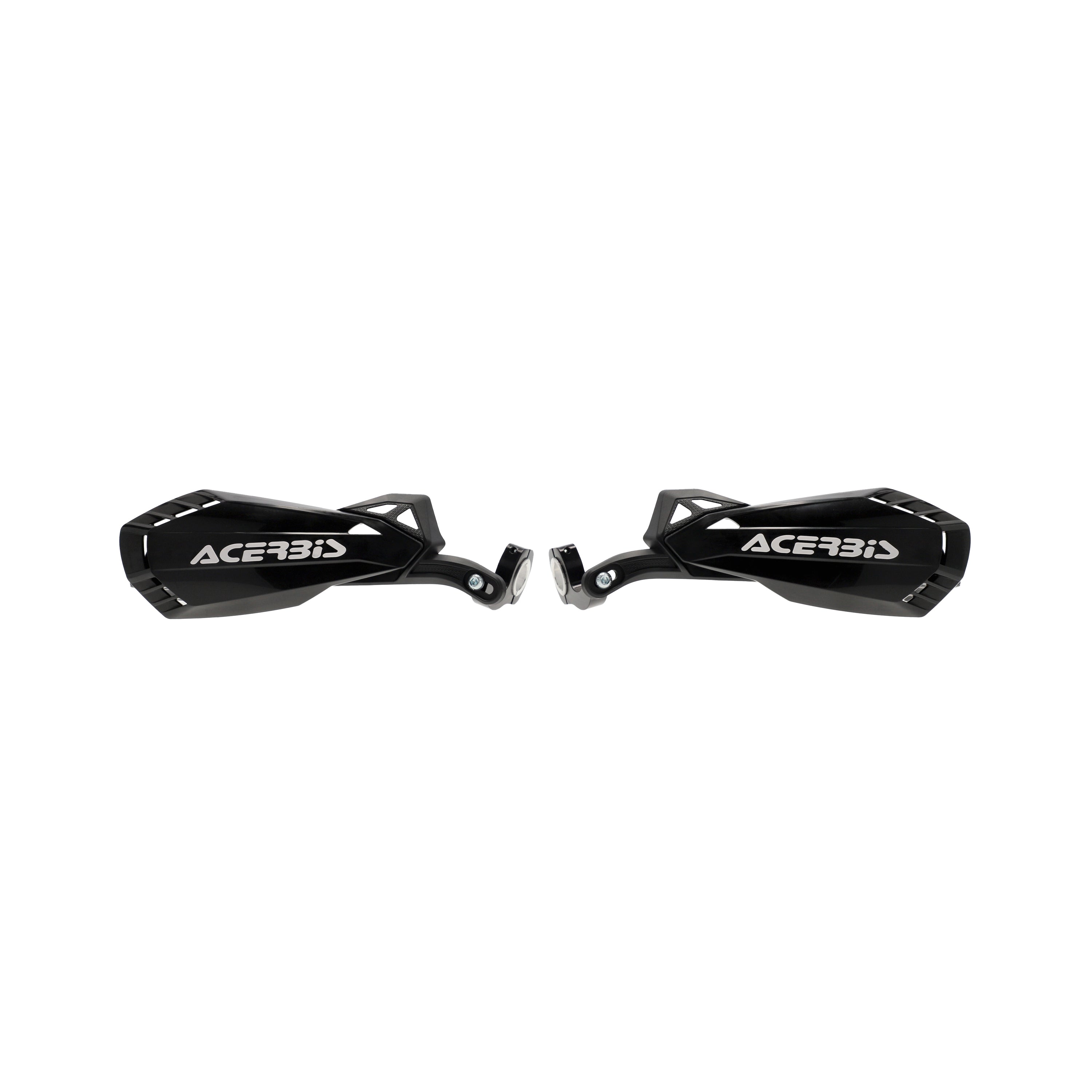 Black motorcycle handguards set with white ACERBIS logos, bar mounts, and clamps