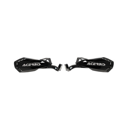 Black motorcycle handguards set with white ACERBIS logos, bar mounts, and clamps