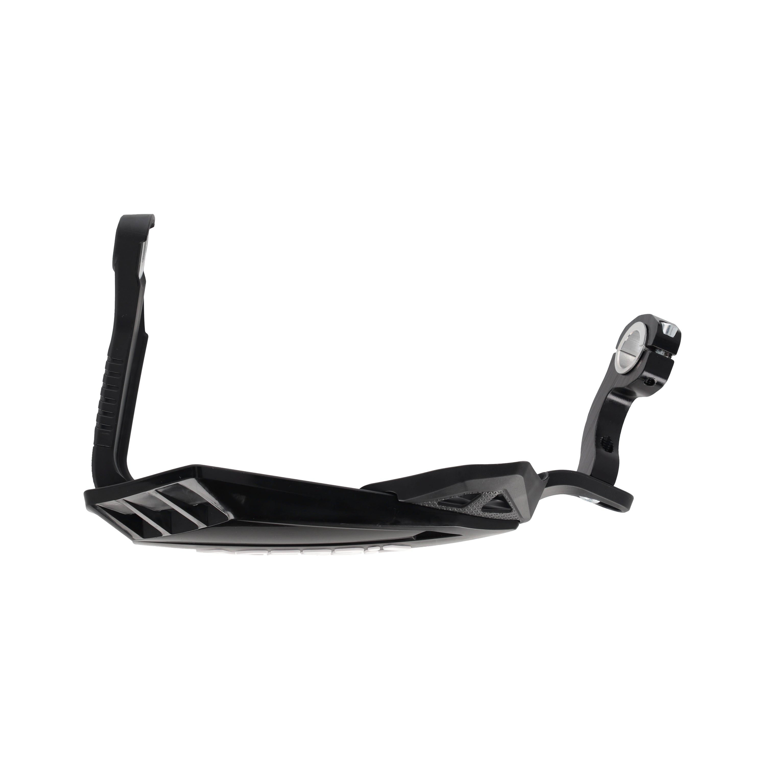 Black motorcycle handguards with curved wraparound bar mount and white logo