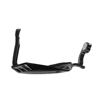 Black motorcycle handguards with curved wraparound bar mount and white logo