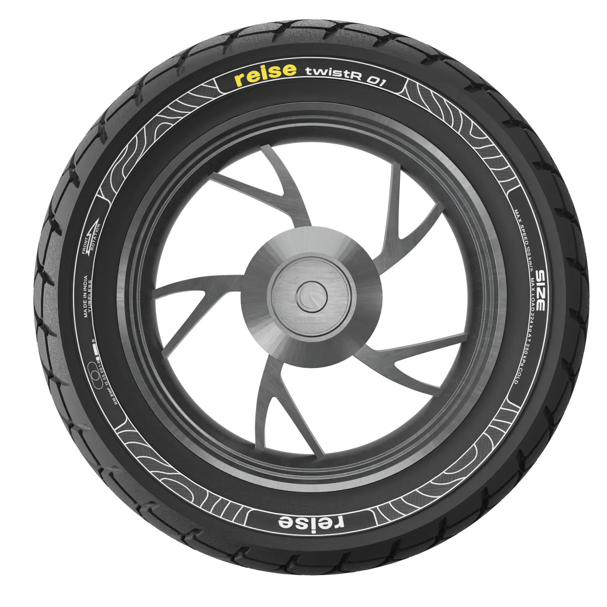 Front tubeless tyre 110/70-11 45L, black tread, wheel front view with rim