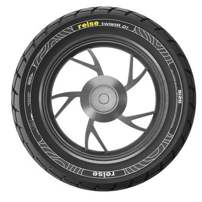 Front tubeless tyre 110/70-11 45L, black tread, wheel front view with rim