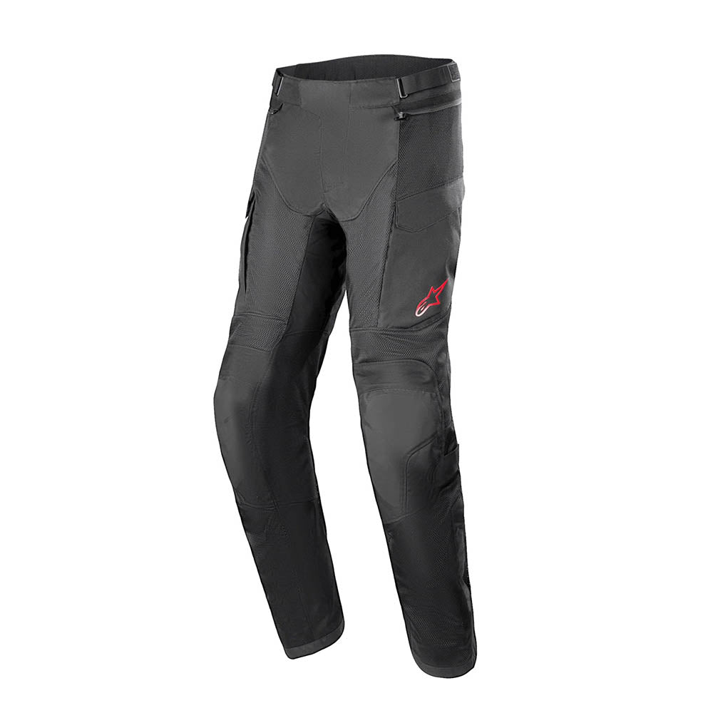 Black motorcycle riding pants with knee panels and red logo patch