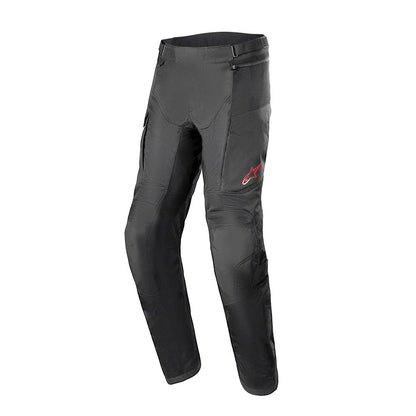 Black motorcycle riding pants with knee panels and red logo patch