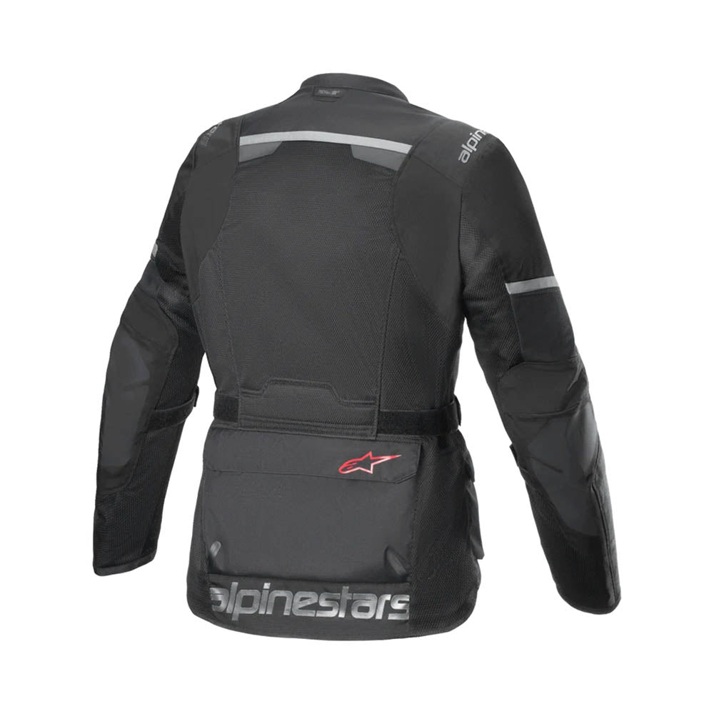 Black motorcycle Drystar jacket with reflective panels and rear logo, zip front