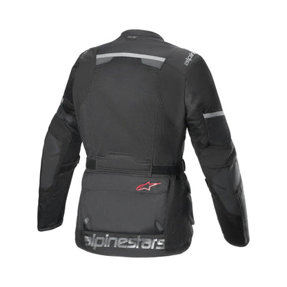 Black motorcycle Drystar jacket with reflective panels and rear logo, zip front
