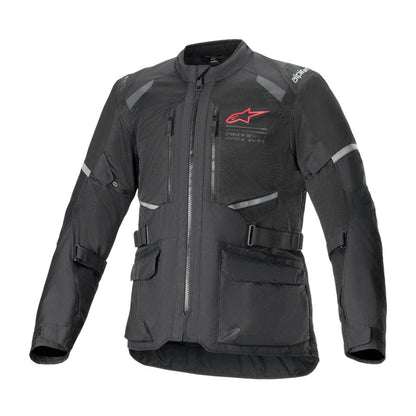Motorcycle jacket in dark gray/black with front zipper, chest pockets, reflective shoulder panels