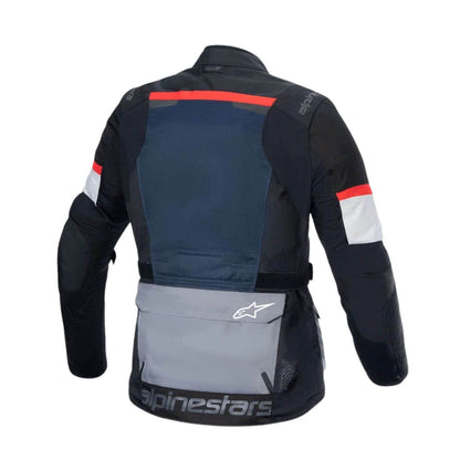 Motorcycle jacket, dark blue front panel, black sleeves, red stripe and light gray waist panels