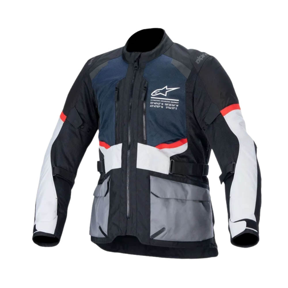Motorcycle jacket with dark blue center, black sleeves, red and white stripes, chest zip front