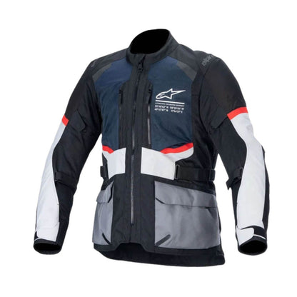 Motorcycle jacket with dark blue center, black sleeves, red and white stripes, chest zip front