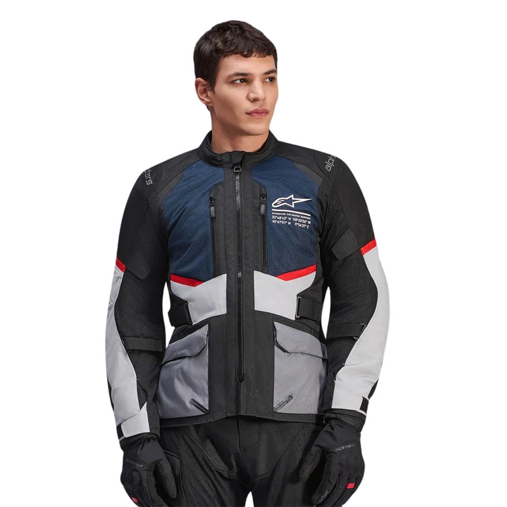 Motorcycle jacket with blue panels, black base, red/white accents, front zip and cargo pockets